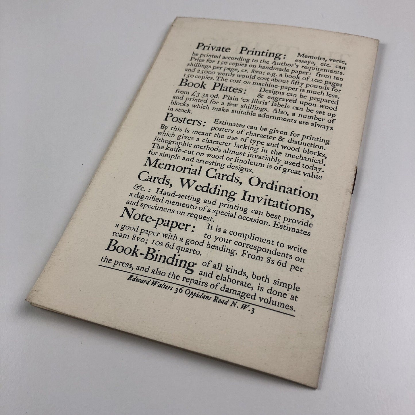 Edward Walters – Member of the Hand Printers Association | Promotional leaflet | Undated, 1930s?