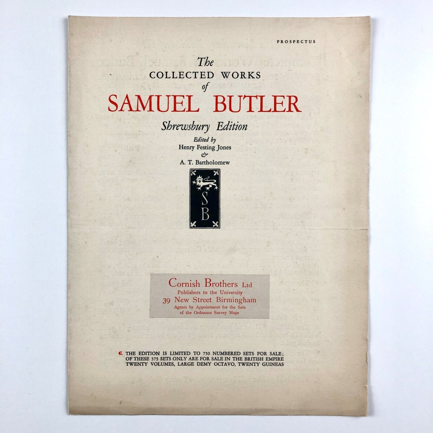Prospectus – The Collected Works of Samuel Butler | Jonathan Cape, Shrewsbury Edition, 1923