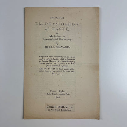 Prospectus for The Physiology of Taste by Brillat-Savarin | Peter Davies, 1925