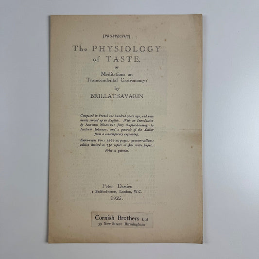 Prospectus for The Physiology of Taste by Brillat-Savarin | Peter Davies, 1925