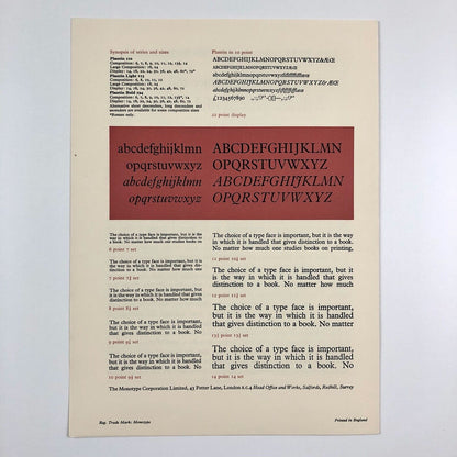 Monotype 'Plantin' type specimen leaflet | The Monotype Corporation | Undated
