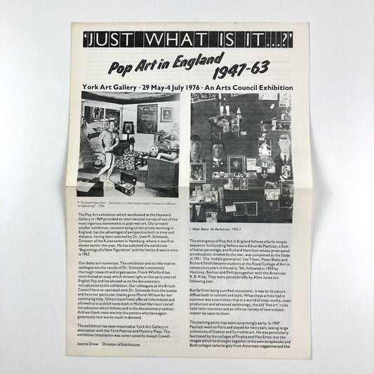 Exhibition leaflet for 'Just what is it…?' Pop Art in England 1947-63 | Arts Council / York Art Gallery, 1976