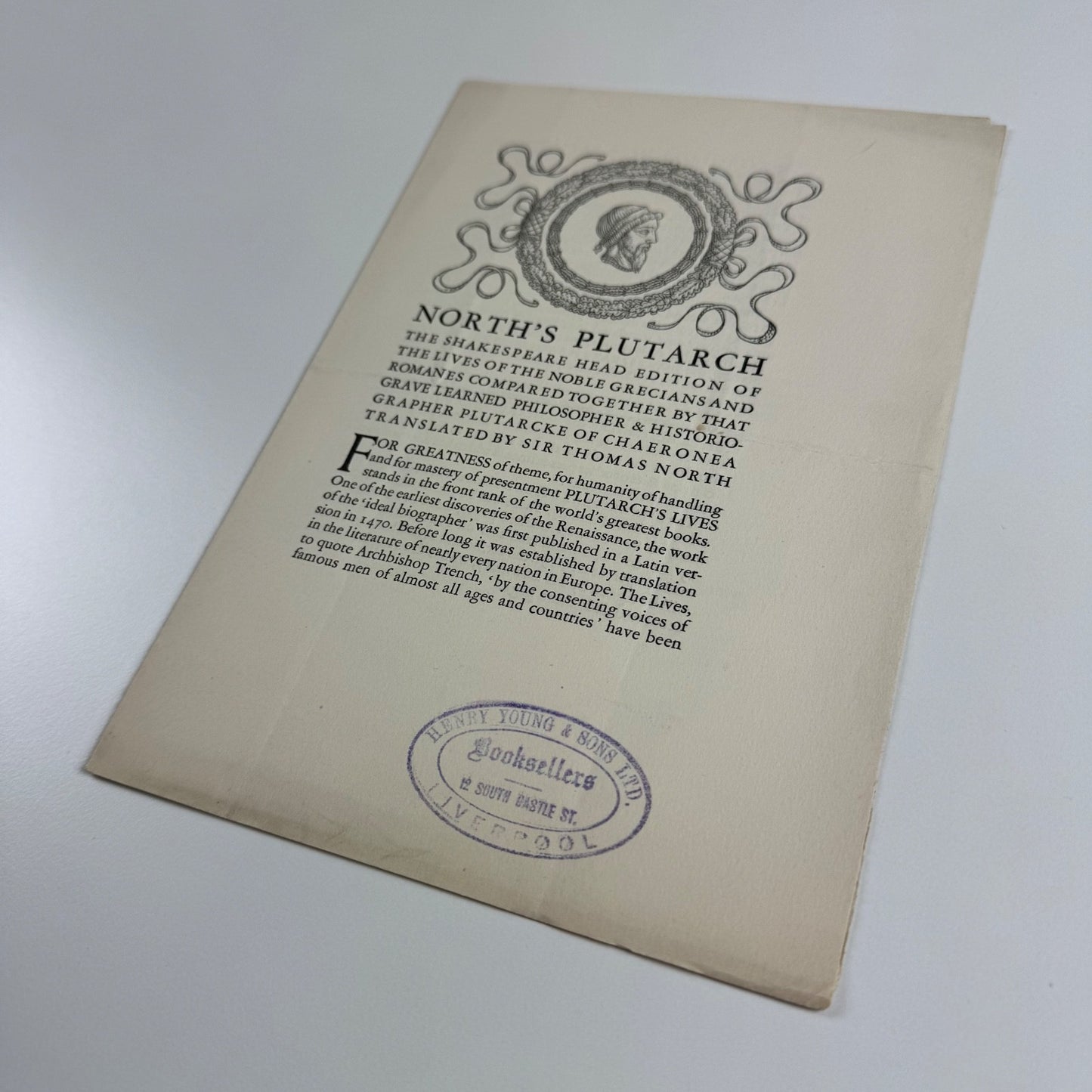 Specimen page for North’s Plutarch | Shakespeare Head Press | Stamp for Henry Young &amp; Songs Ltd booksellers Liverpool