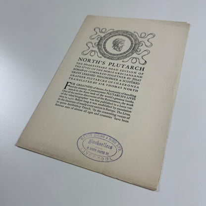 Specimen page for North’s Plutarch | Shakespeare Head Press | Stamp for Henry Young &amp; Songs Ltd booksellers Liverpool