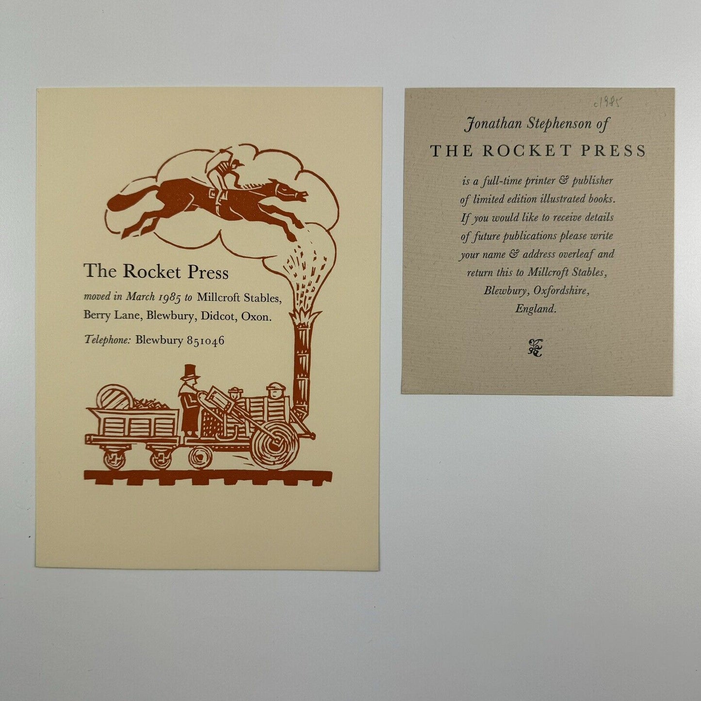 The Rocket Press ephemera – two leaflets: change of address and promotional leaflet