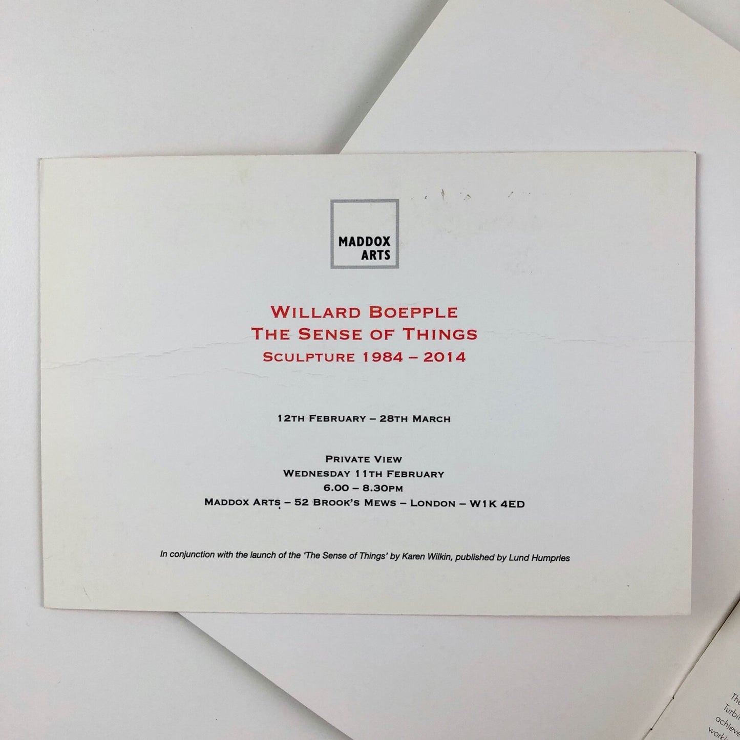 Willard Boepple: The Sense of Things | Broadbent Gallery / Maddox Arts | Catalogue, with private view card