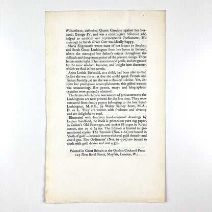 Letters of Maria Edgeworth & Anna Letitia Barbauld | Golden Cockerel Press prospectus leaflet, 1953