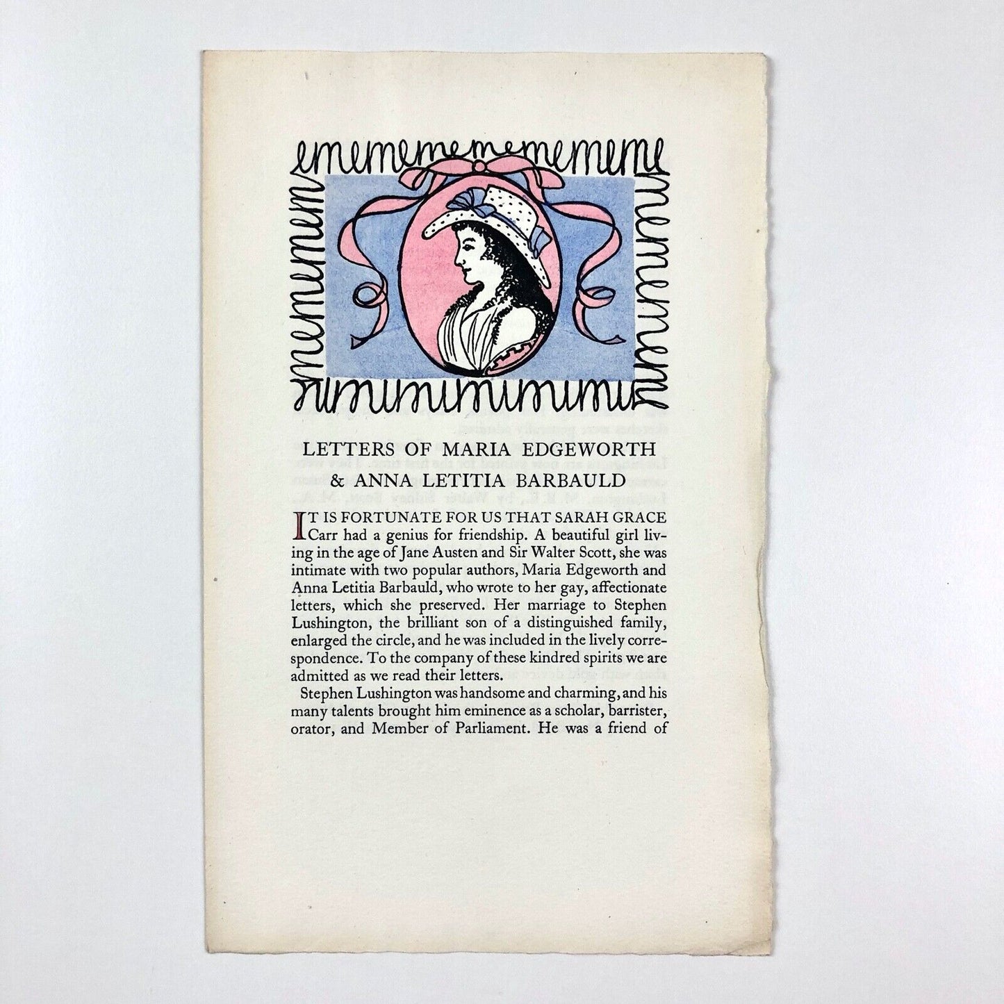 Letters of Maria Edgeworth & Anna Letitia Barbauld | Golden Cockerel Press prospectus leaflet, 1953