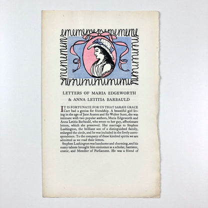 Letters of Maria Edgeworth & Anna Letitia Barbauld | Golden Cockerel Press prospectus leaflet, 1953