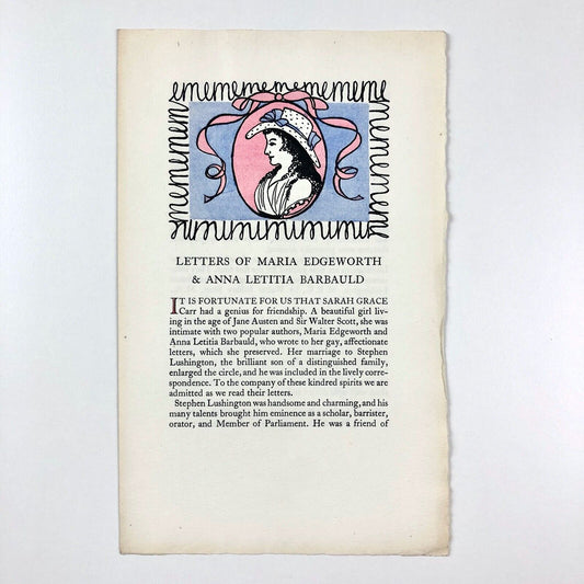 Letters of Maria Edgeworth & Anna Letitia Barbauld | Golden Cockerel Press prospectus leaflet, 1953