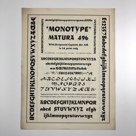 Monotype 'Matura' 496 type specimen sheet | Monotype Corporation
