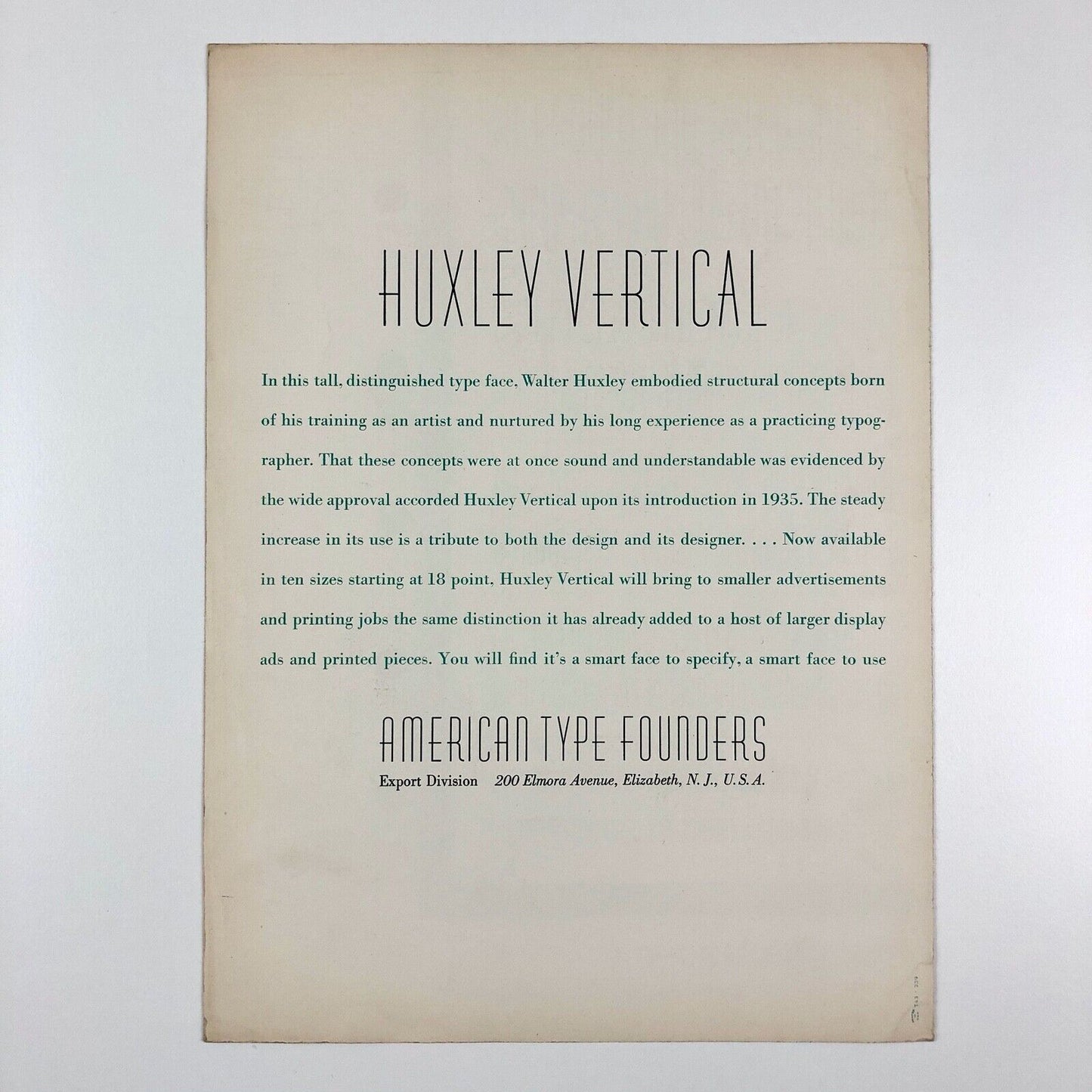 Huxley Vertical type specimen leaflet | American Type Founders | Walter Huxley, 1935