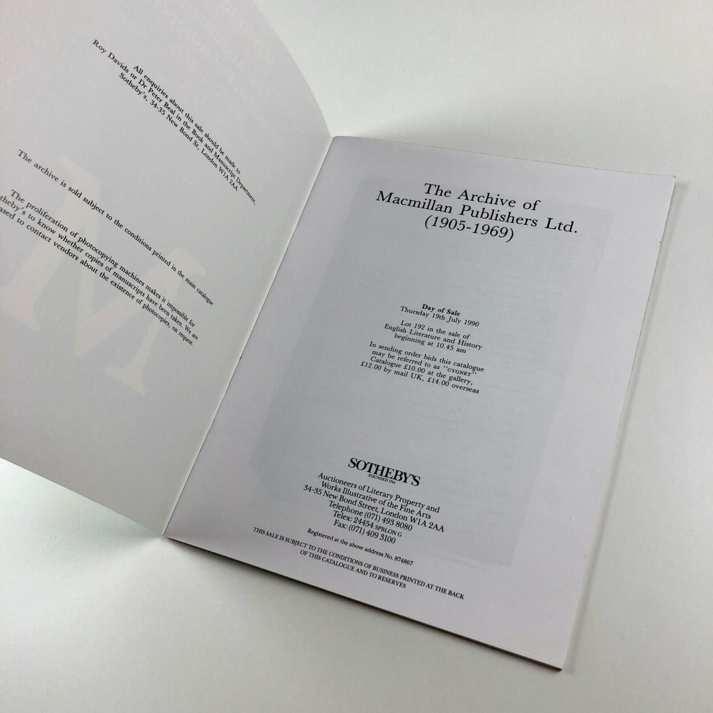 The Archive of Macmillan Publishers 1905-1969 | Sotheby's London, 19 July 1990