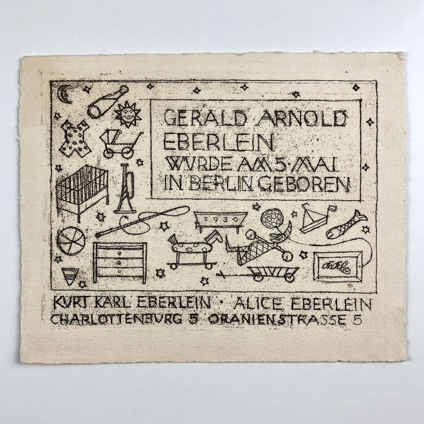 Card – Birth of Gerald Arnold Eberlein on 5 May (1930) to Kurt Karl and Alice Eberlein | Engraving on heavy paper