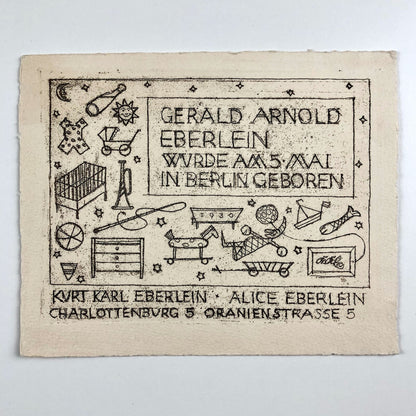 Card – Birth of Gerald Arnold Eberlein on 5 May (1930) to Kurt Karl and Alice Eberlein | Engraving on heavy paper