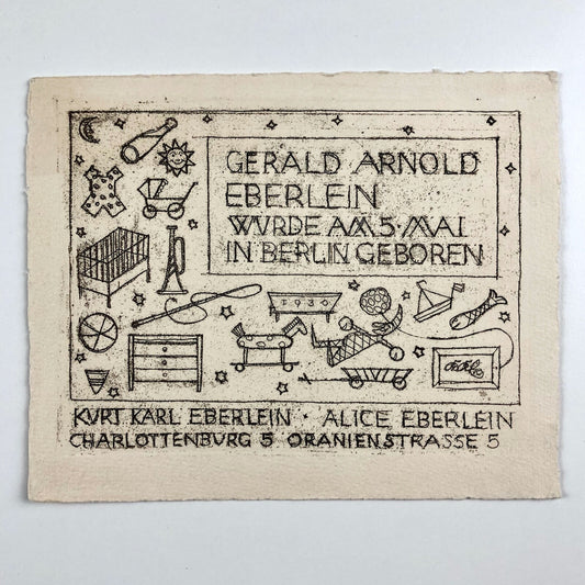 Card – Birth of Gerald Arnold Eberlein on 5 May (1930) to Kurt Karl and Alice Eberlein | Engraving on heavy paper