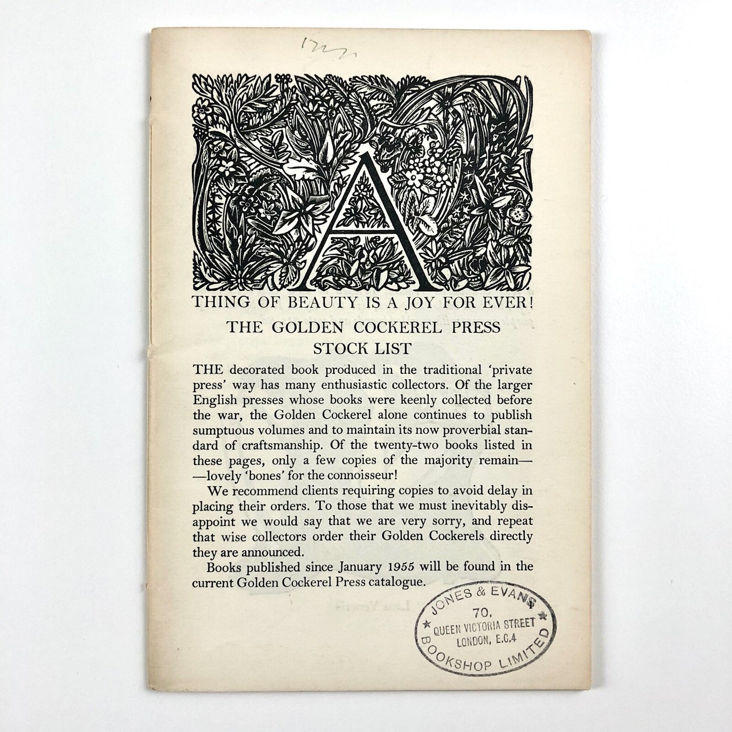 A Thing of Beauty is a Joy Forever Golden Cockerel Press stock list c.1955
