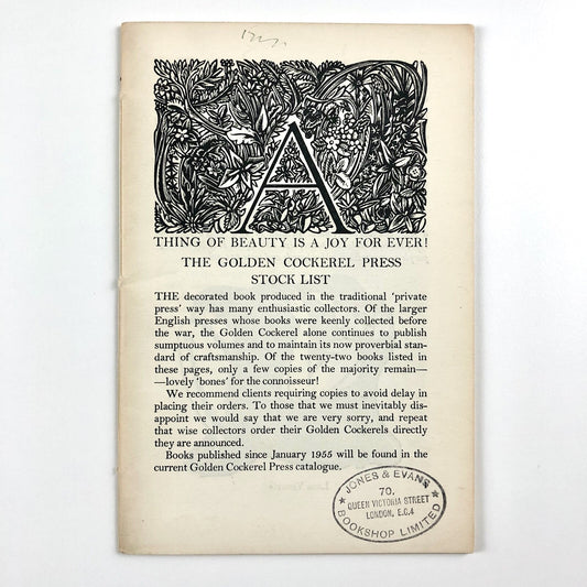 A Thing of Beauty is a Joy Forever Golden Cockerel Press stock list c.1955