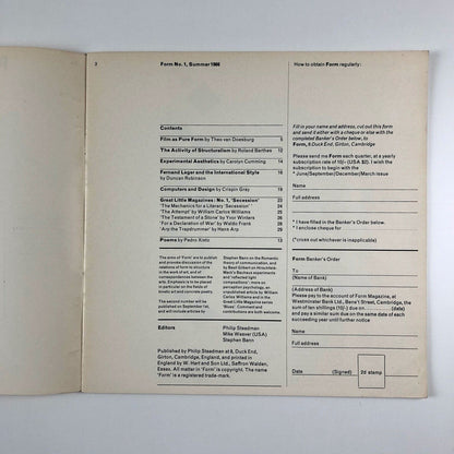 Form No. 1, summer 1966, Philip Steadman, Stephen Bann, Mike Weaver eds.
