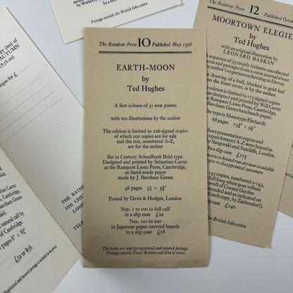 Five leaflets for The Rainbow Press relating to books by Ted Hughes – 1970s | Fine Limited First Editions