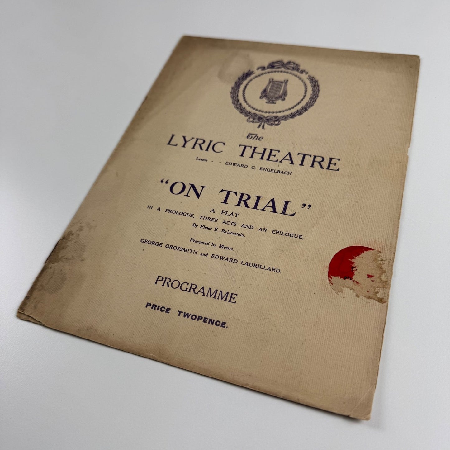 Programme Lyric Theatre, London ‘On Trial’ Elmer E. Reizenstein, 1915