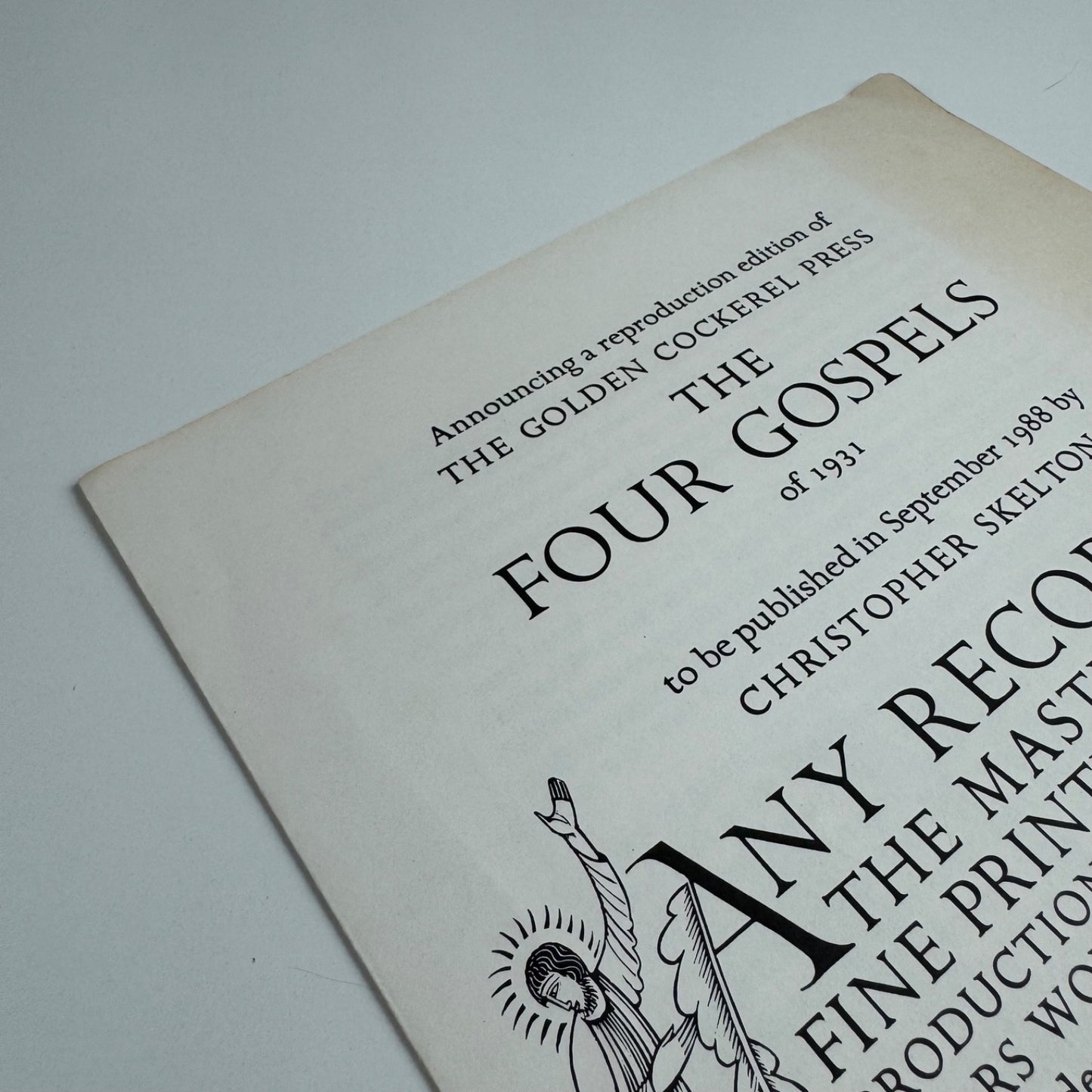 Order form for The Four Gospels The September Press Christopher Skelton, 1988 reproduction of The Golden Cockerel Press
