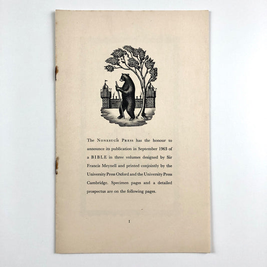 Prospectus for The Bible, September 1963 | Designed by Francis Meynell and printed by the University Press Oxford and the University Press Cambridge | Nonesuch Press