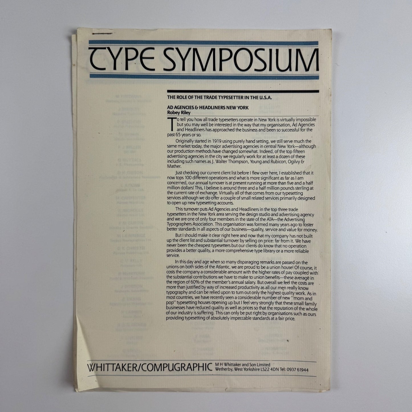 Type Symposium. The role of the trade typesetter in USA Whittaker/Compugraphic