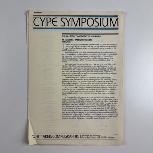 Type Symposium. The role of the trade typesetter in USA Whittaker/Compugraphic