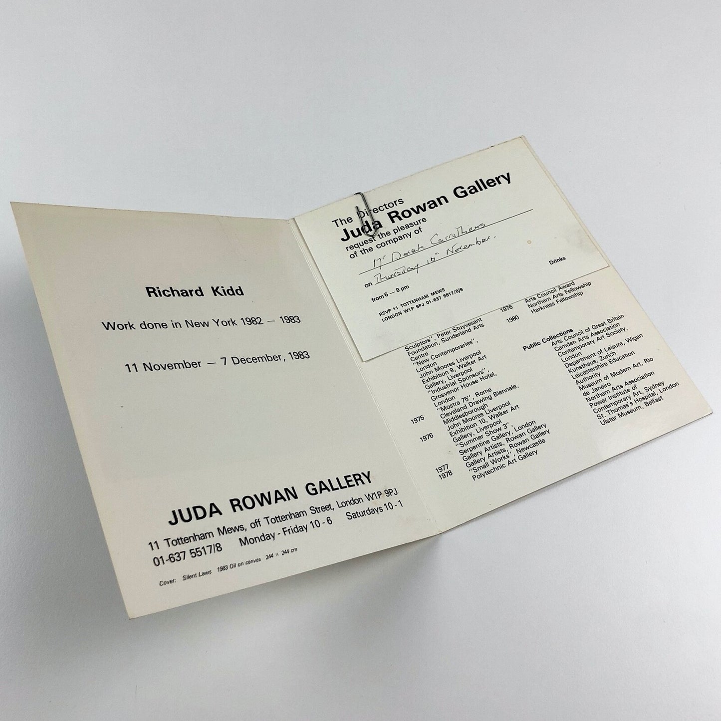Richard Kidd – Work done in New York 1982-1983 | Juda Rowan Gallery | Folded card and invitation, 1983