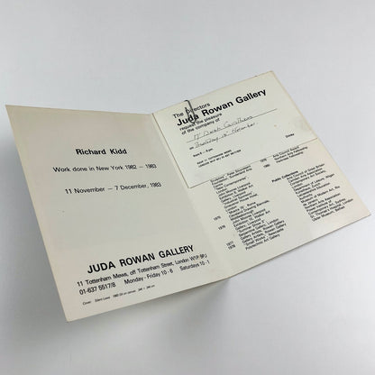 Richard Kidd – Work done in New York 1982-1983 | Juda Rowan Gallery | Folded card and invitation, 1983