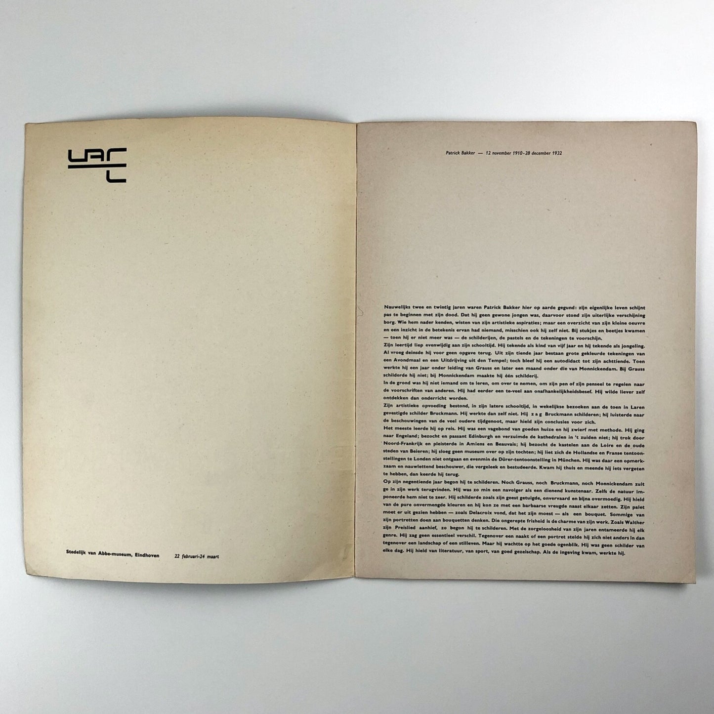 Patrick Bakker | Stedelijk van Abbe-museum Eindhoven exhibition catalogue, 1958 | Wim Crowel design