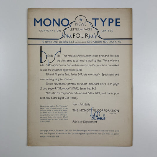Monotype Newsletter No 4 July 1942 | Monotype Corporation | 4-page leaflet