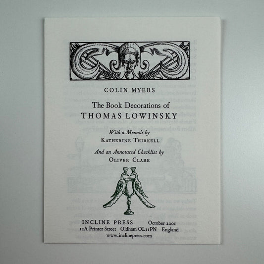 Prospectus for The Book Decorations of Thomas Lowinsky Colin Myers Incline Press