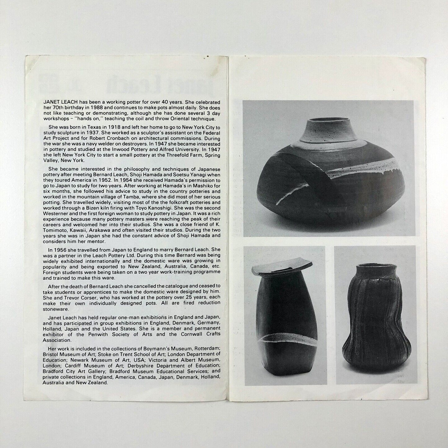 Janet Leach | Brief biography leaflet | Leach Pottery, St. Ives, c.1990s