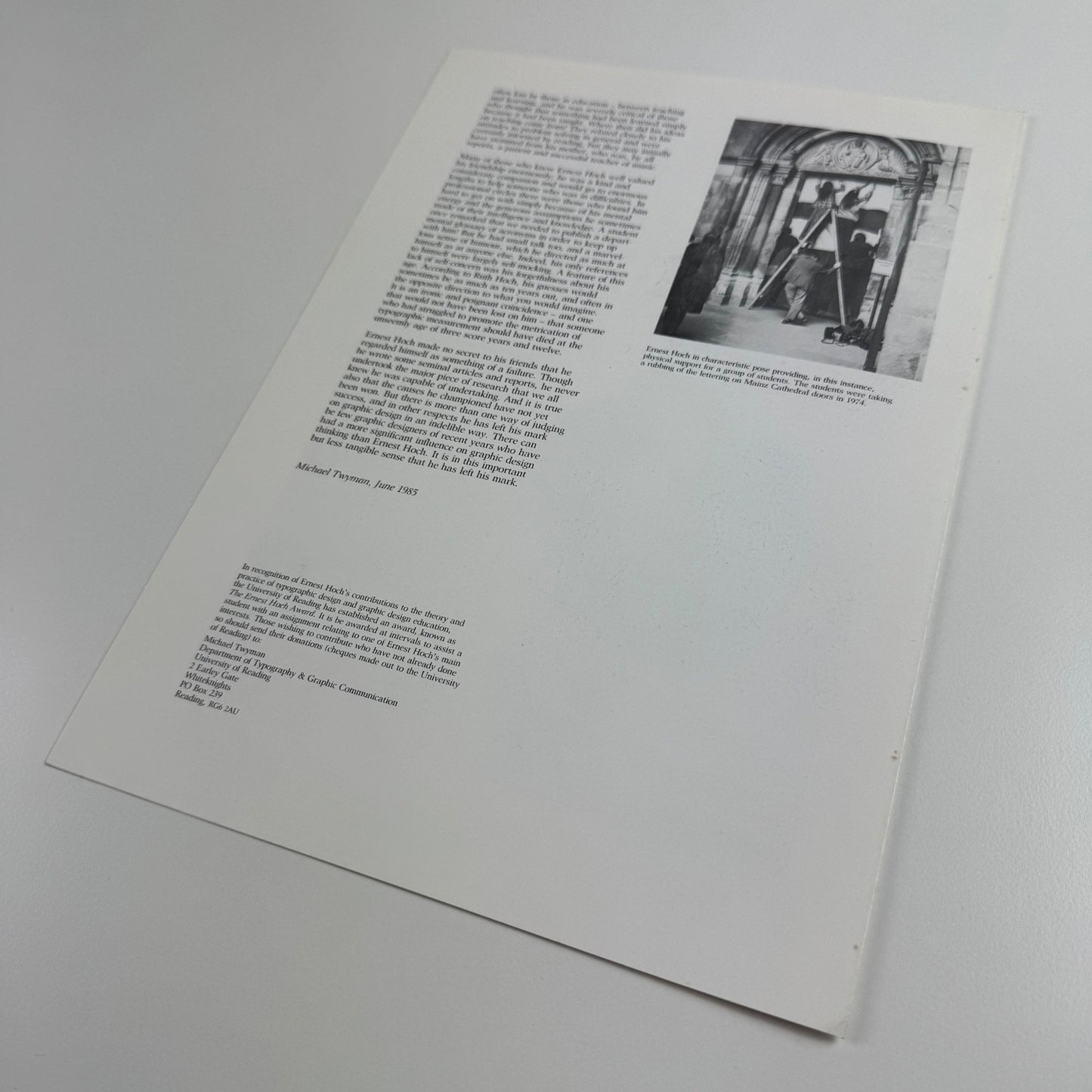 Obituary for Ernest Hoch by Michael Twyman, Department of Typography & Graphic Communication,  University of Reading, June 1985