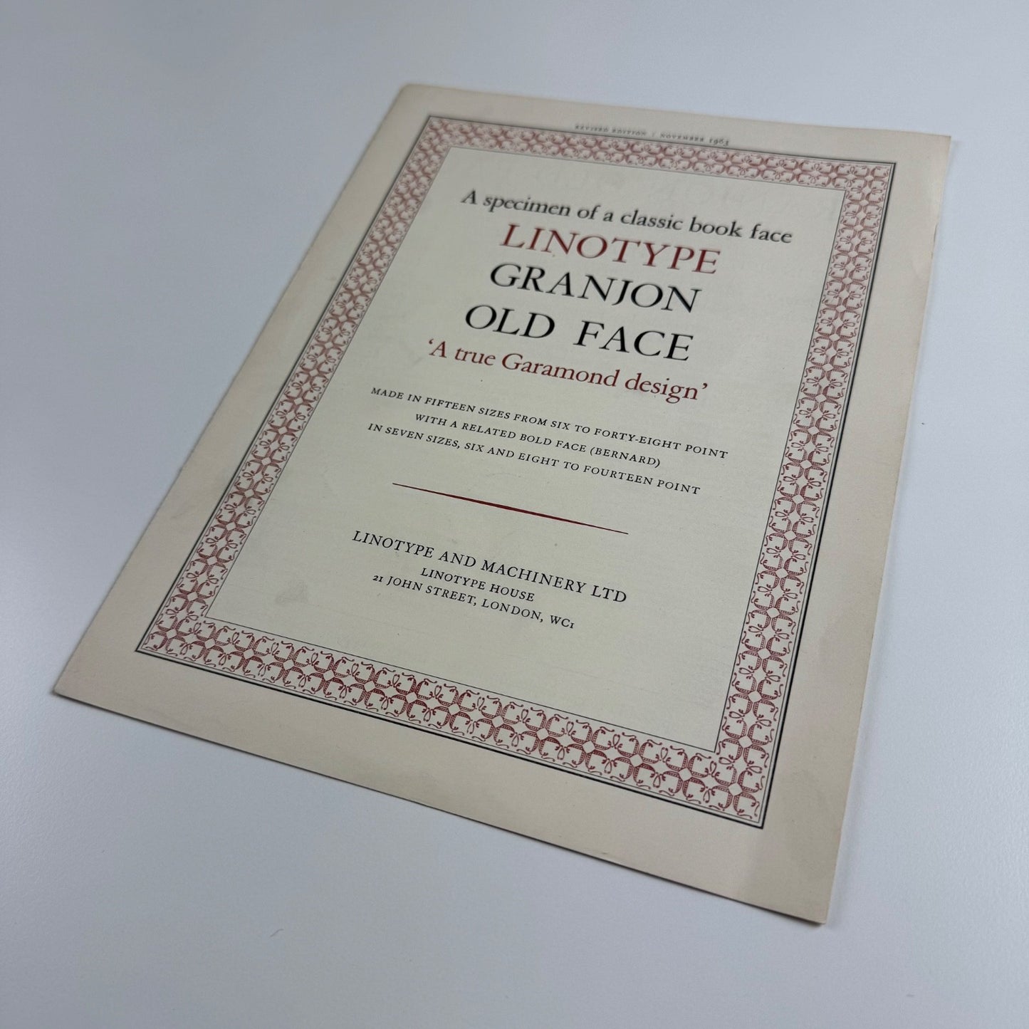 Type specimen sheet: A specimen of a classic book face Linotype Granjon Old Face, 1963
