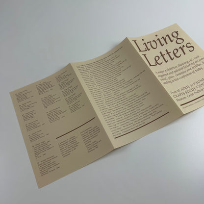 Leaflet Living Letters. A major exhibition showing cut, cast, engraved and painted lettering on stone, wood, glass, ceramics and textiles, by leading artist-craftsmen of today | Crafts Study Centre, Holburne Museum Bath 1981