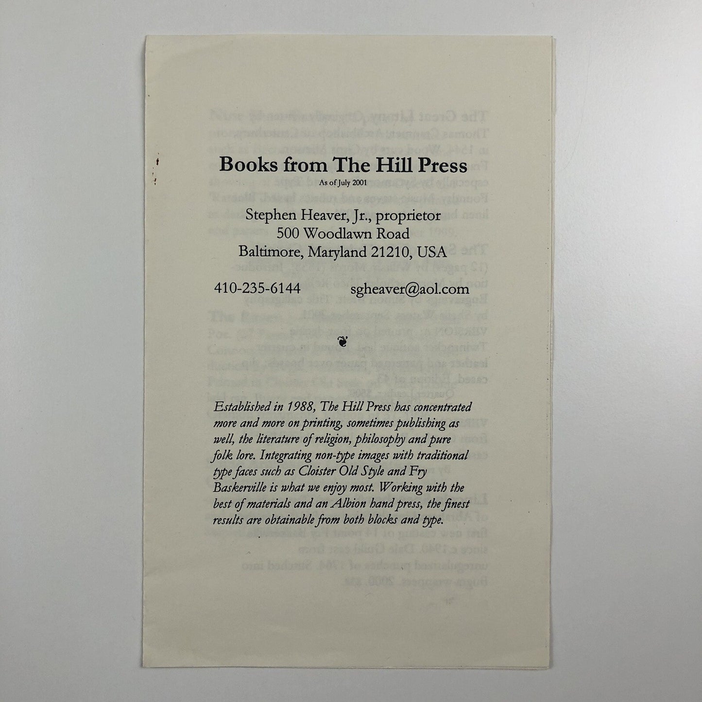 Books from The Hill Press, Baltimore as of July 2001 | Stephen Heaver