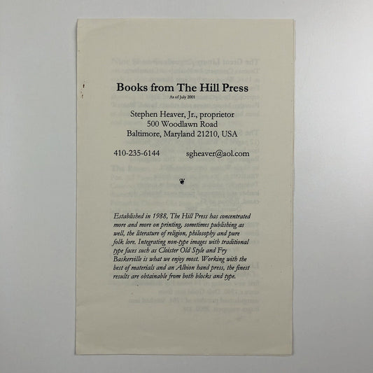 Books from The Hill Press, Baltimore as of July 2001 | Stephen Heaver