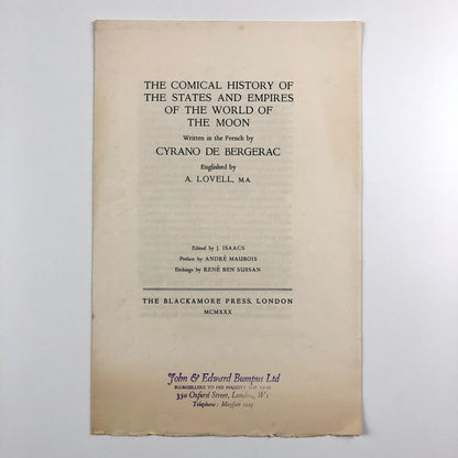 Prospectus for The Comical History of the States and Empires of the World of the Moon by Cyrano de Bergerac | The Blackamore Press, 1930