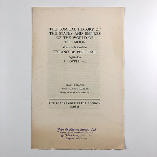 Prospectus for The Comical History of the States and Empires of the World of the Moon by Cyrano de Bergerac | The Blackamore Press, 1930