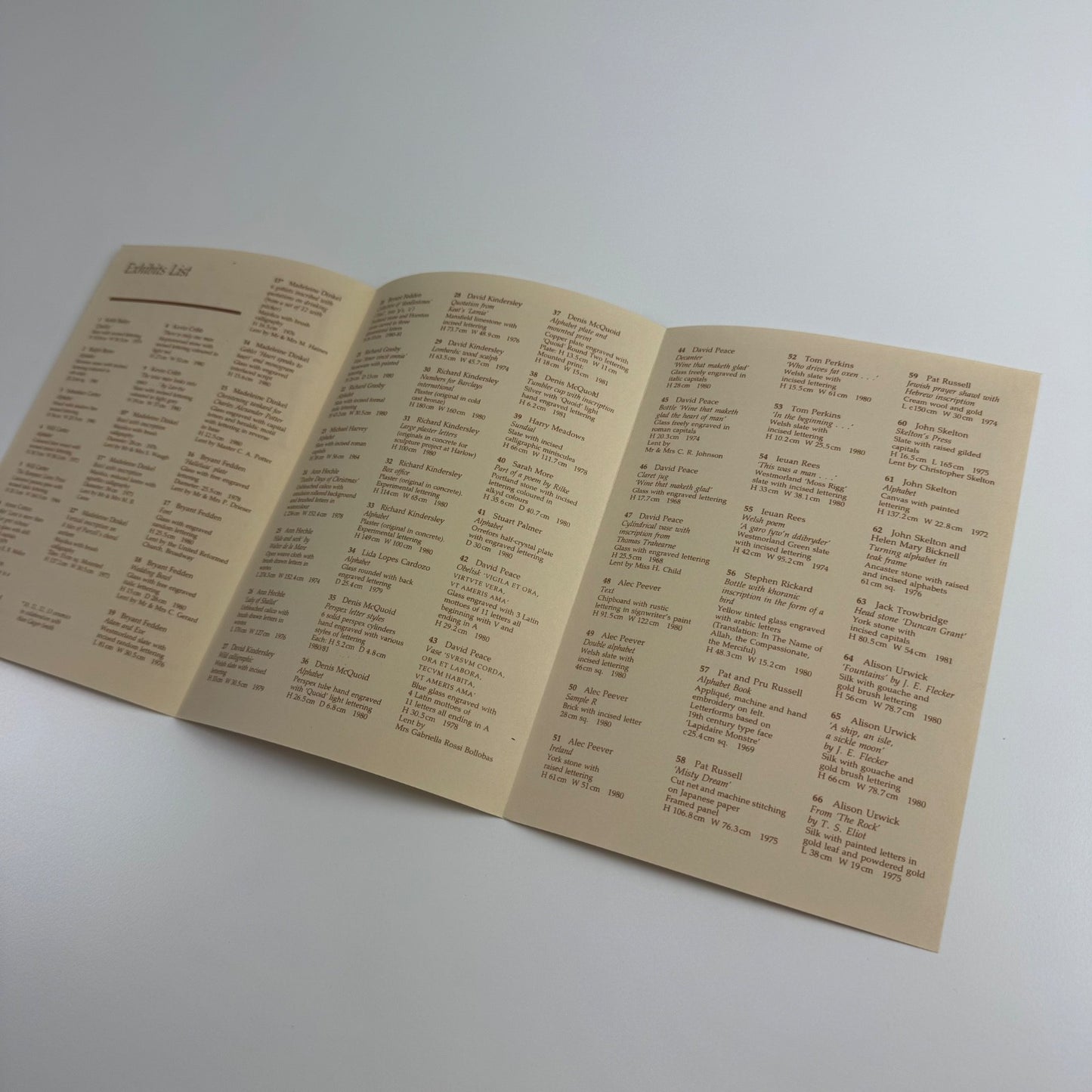 Leaflet Living Letters. A major exhibition showing cut, cast, engraved and painted lettering on stone, wood, glass, ceramics and textiles, by leading artist-craftsmen of today | Crafts Study Centre, Holburne Museum Bath 1981