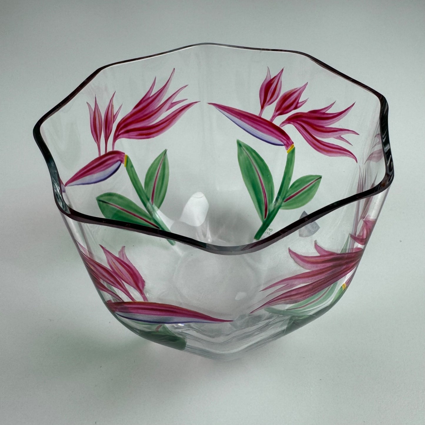 Glass bowl by Orrefors | Swedish, Birds of Paradise flower motif by Eva Englund, believed to be 1980s