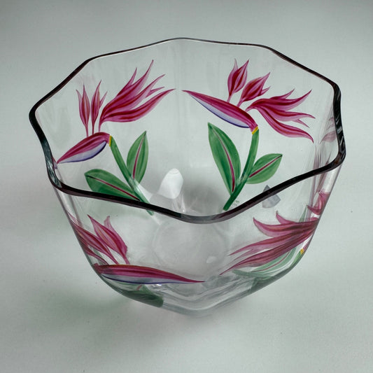 Glass bowl by Orrefors | Swedish, Birds of Paradise flower motif by Eva Englund, believed to be 1980s