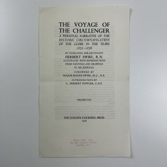 Prospectus – The Voyage of the Challenger | Herbert Swire | Golden Cockerel Press, 1938