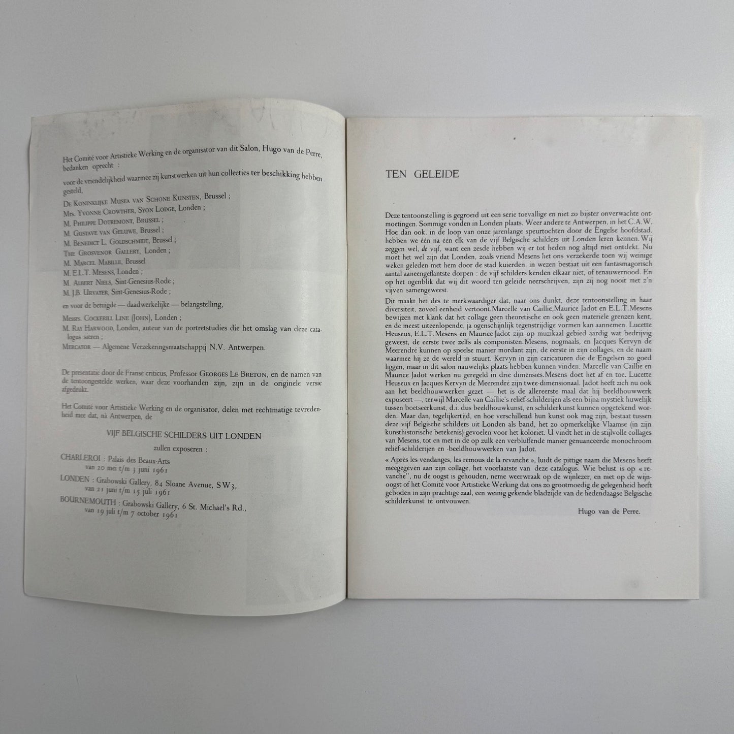 Leaflet Vijk Belgische Schilders uit Londen (Five Belgium painters) Maurice Jadot, Lucette Heseux, J. Kervyn de Meerendré, Marcelle van Caillie | Mesens 1961