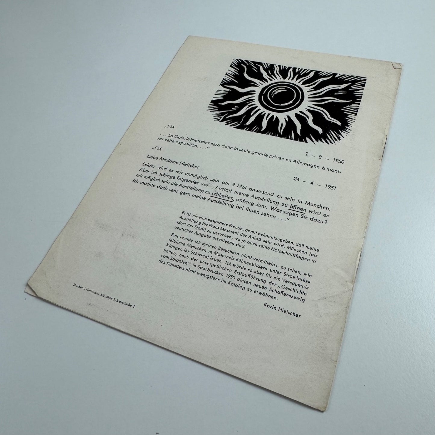 Leaflet for Frans Maserell | Galerie Karin Hielscher, Munich, 1951