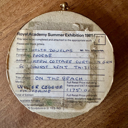 'On the beach' | Framed watercolour roundel on ivorine by Phoebe Sholto Douglas, 1986