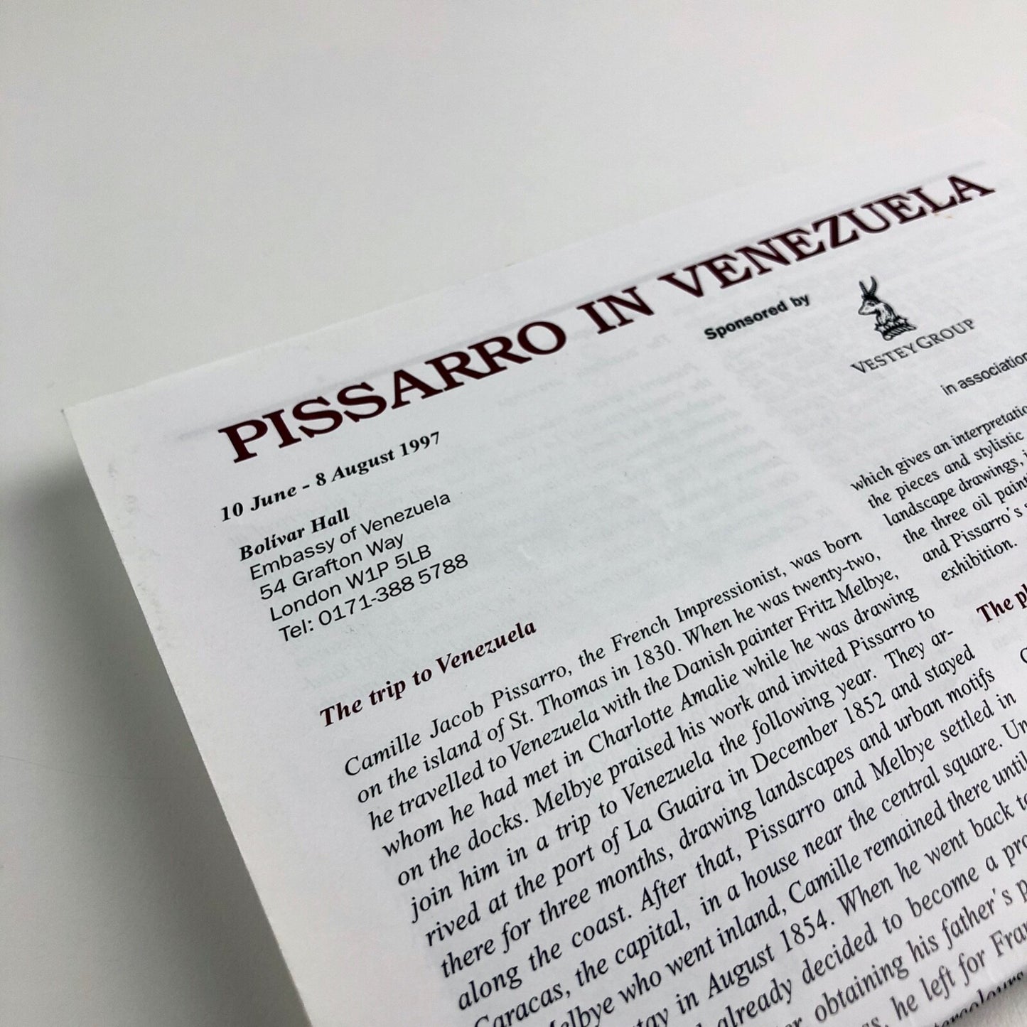 Pissarro in Venezuela – event leaflet and family tree card | Bolivar Hall, 1997